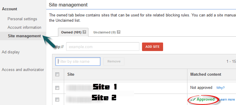 Google Adsense Site management