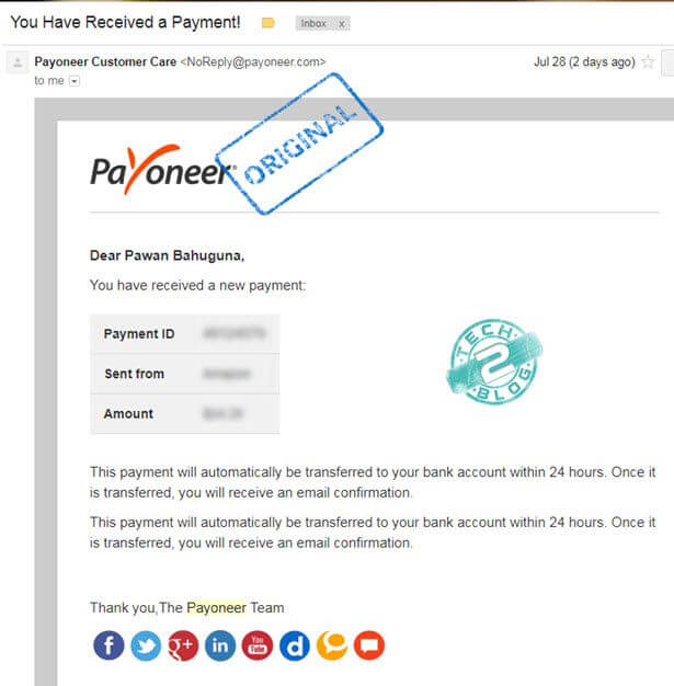 Original Payment email from Payoneer