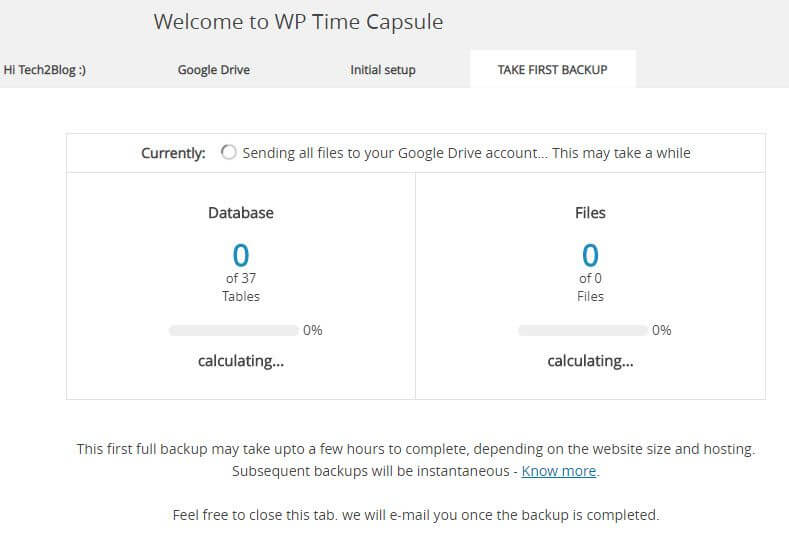 WP Time Capsule First backup