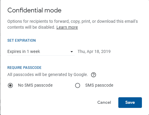 Gmail Confidential mode setting