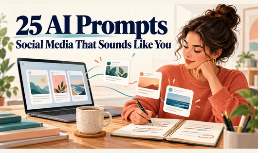 25 AI Prompts for Social Media Content That Sounds Like You 1 Creator editing social media drafts in a notebook beside a laptop, under the heading 25 AI Prompts.